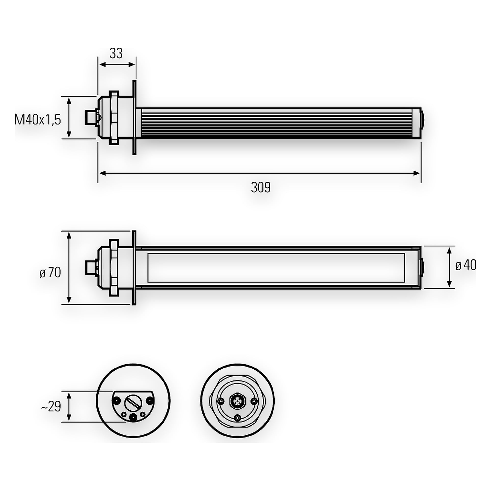 TUBELED_40 II ECO M40x1.5 Maschinenleuchte 309 mm, 6,5W, 5700K, IP69K - LED2WORK 118110-04