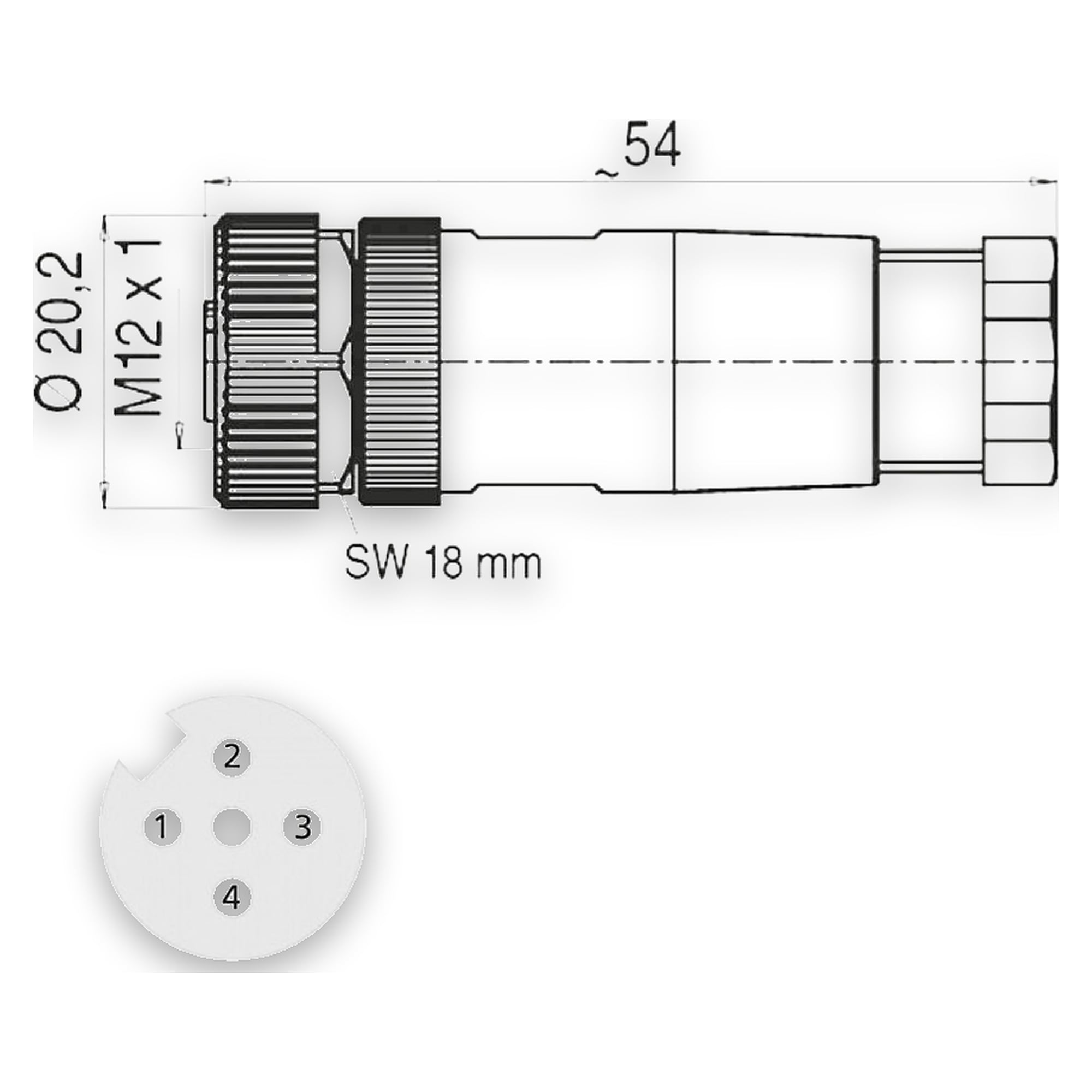 M12 Steckverbinder Buchse gerade, 4-polig, A-kodiert, konfektionierbar, IP67 - LED2WORK 200200-01