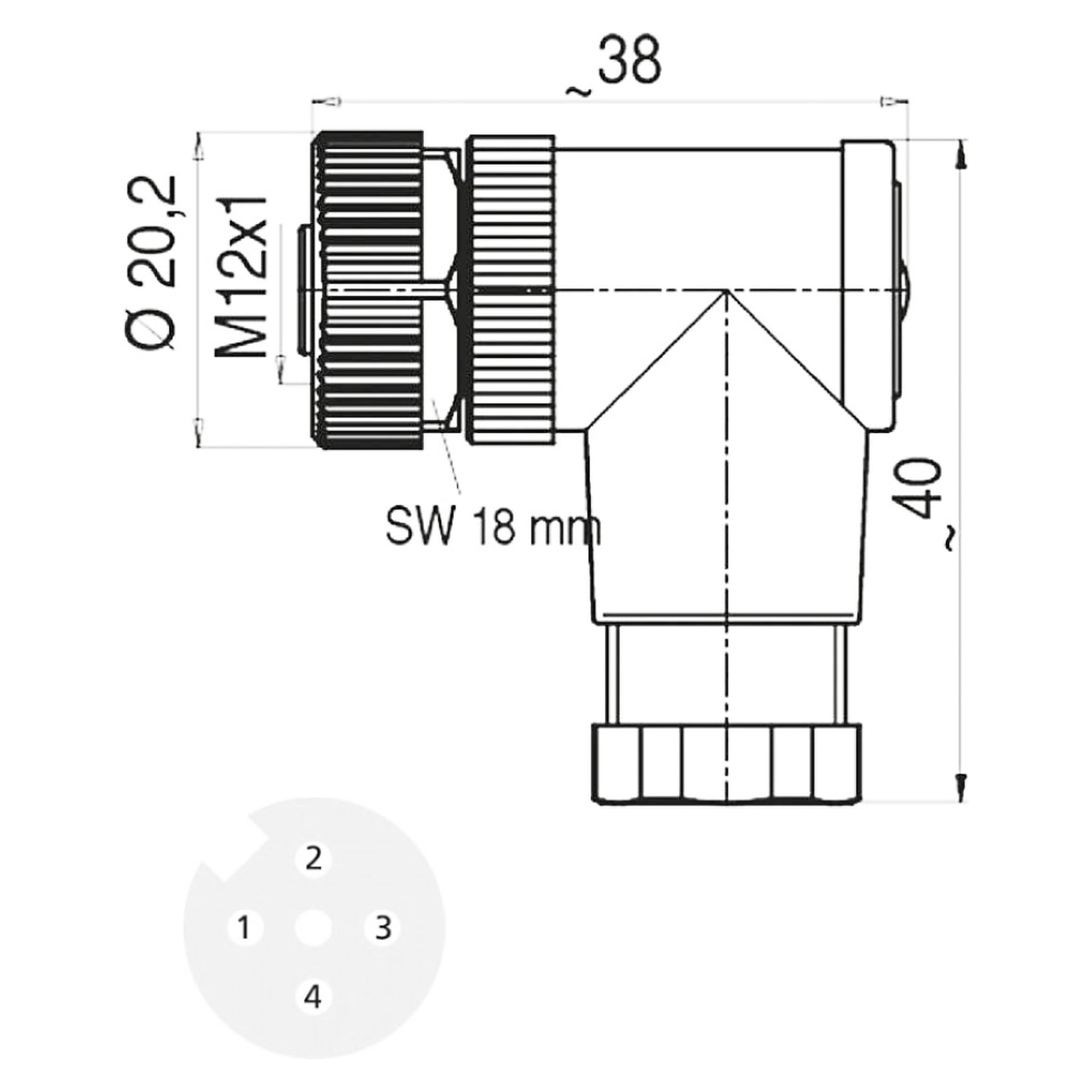 M12 Connector Socket Angled, 4-pin, A-coded, Field-wireable, IP67 - LED2WORK 200200-02