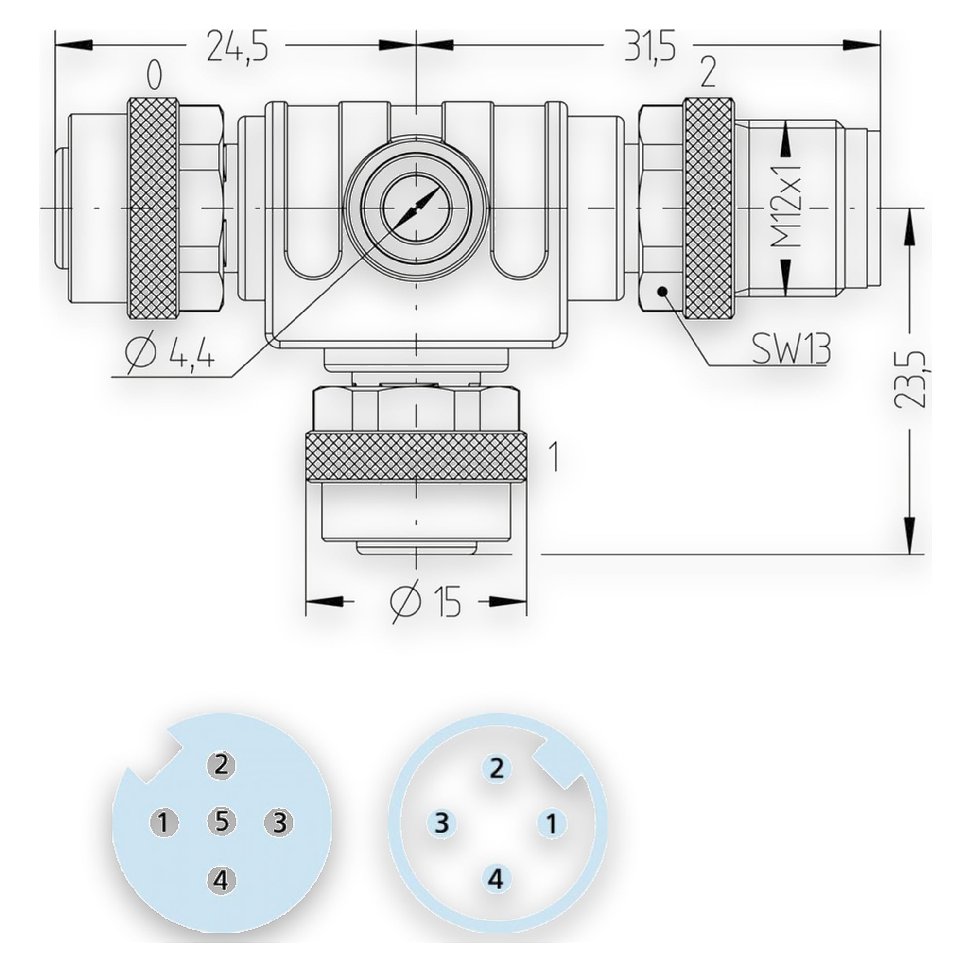 M12 T-Verteiler 3-polig, A-kodiert, max. 4A, für 24V DC LED-Leuchten - LED2WORK 200200-03