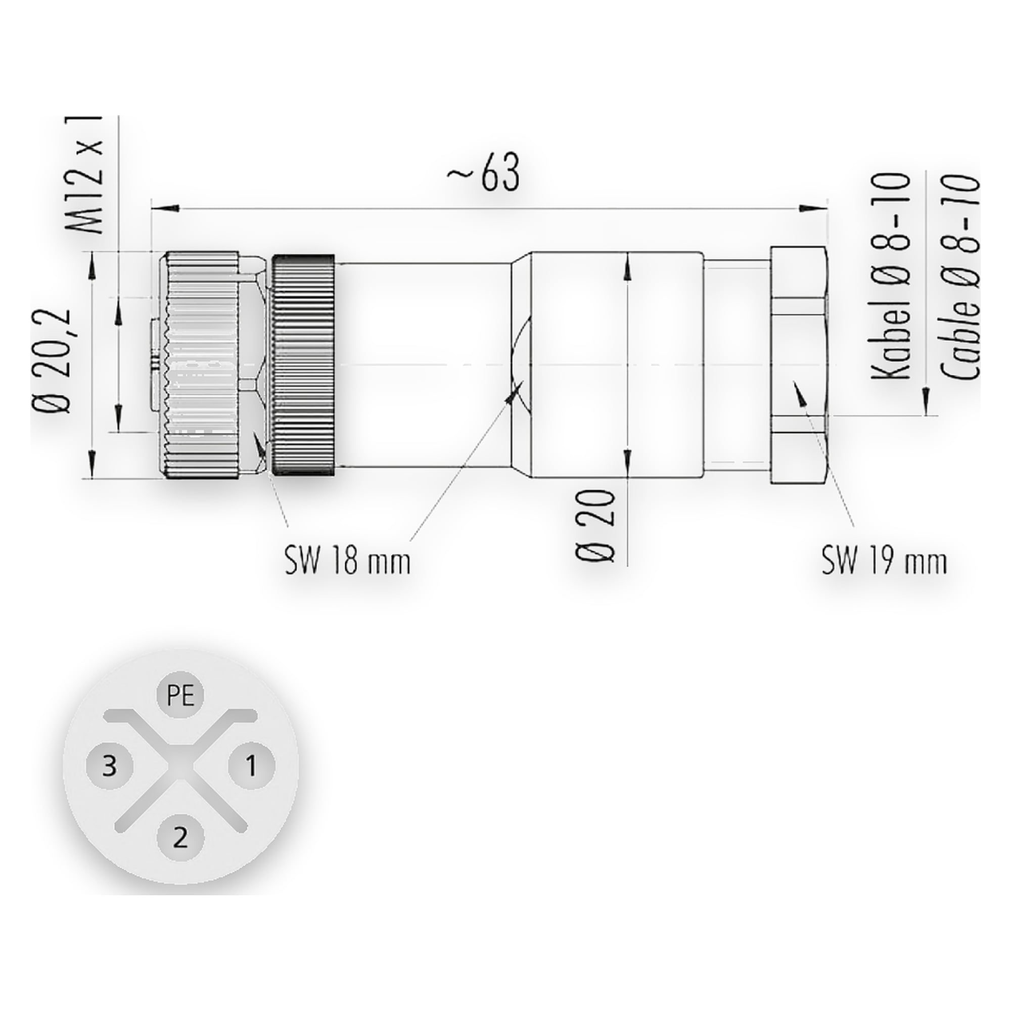 M12 straight socket S-coded, 3+PE field-wireable, 220-240V AC - LED2WORK 200200-11