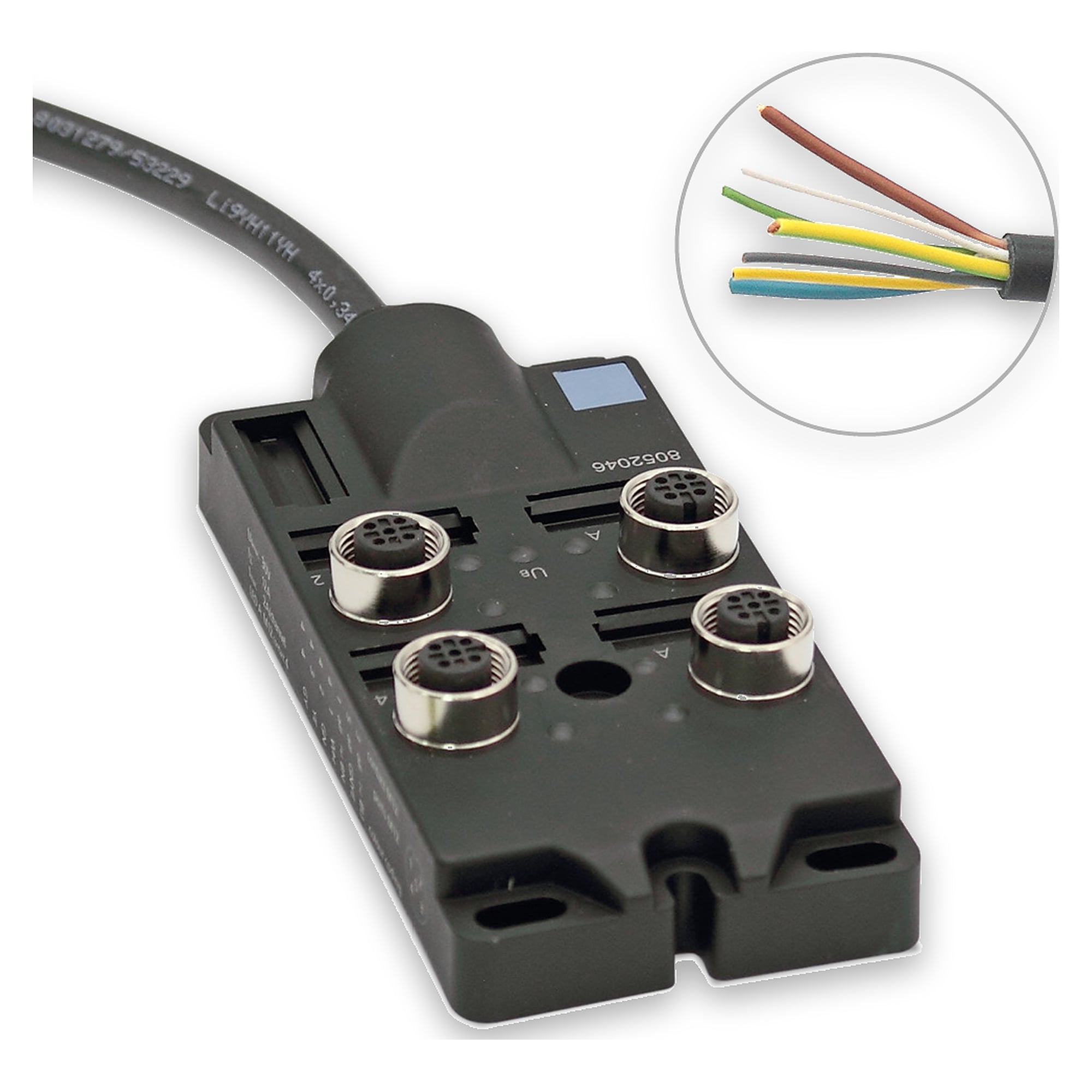 M12 sensor/actuator box 4-port, 10 m PUR fixed cable, A-coded, 24V DC - LED2WORK 200300-01