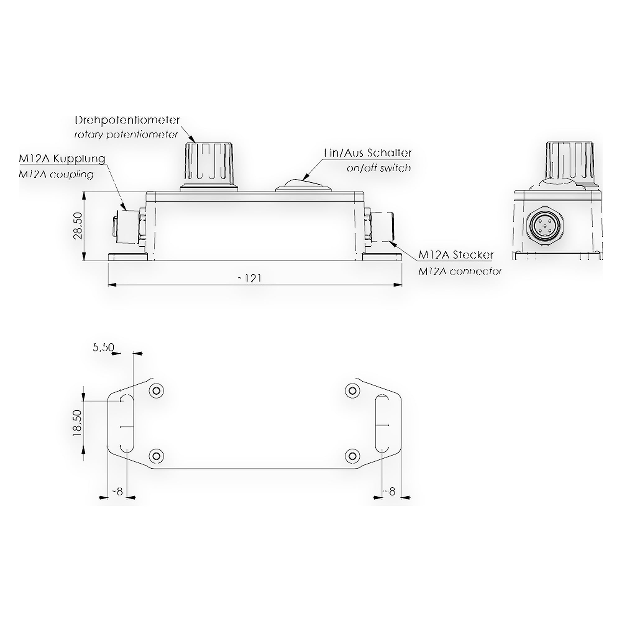 DIMMbox extern M12 A-kodiert für T-Nut, max. 144 W, 24V DC - LED2WORK 210700-04