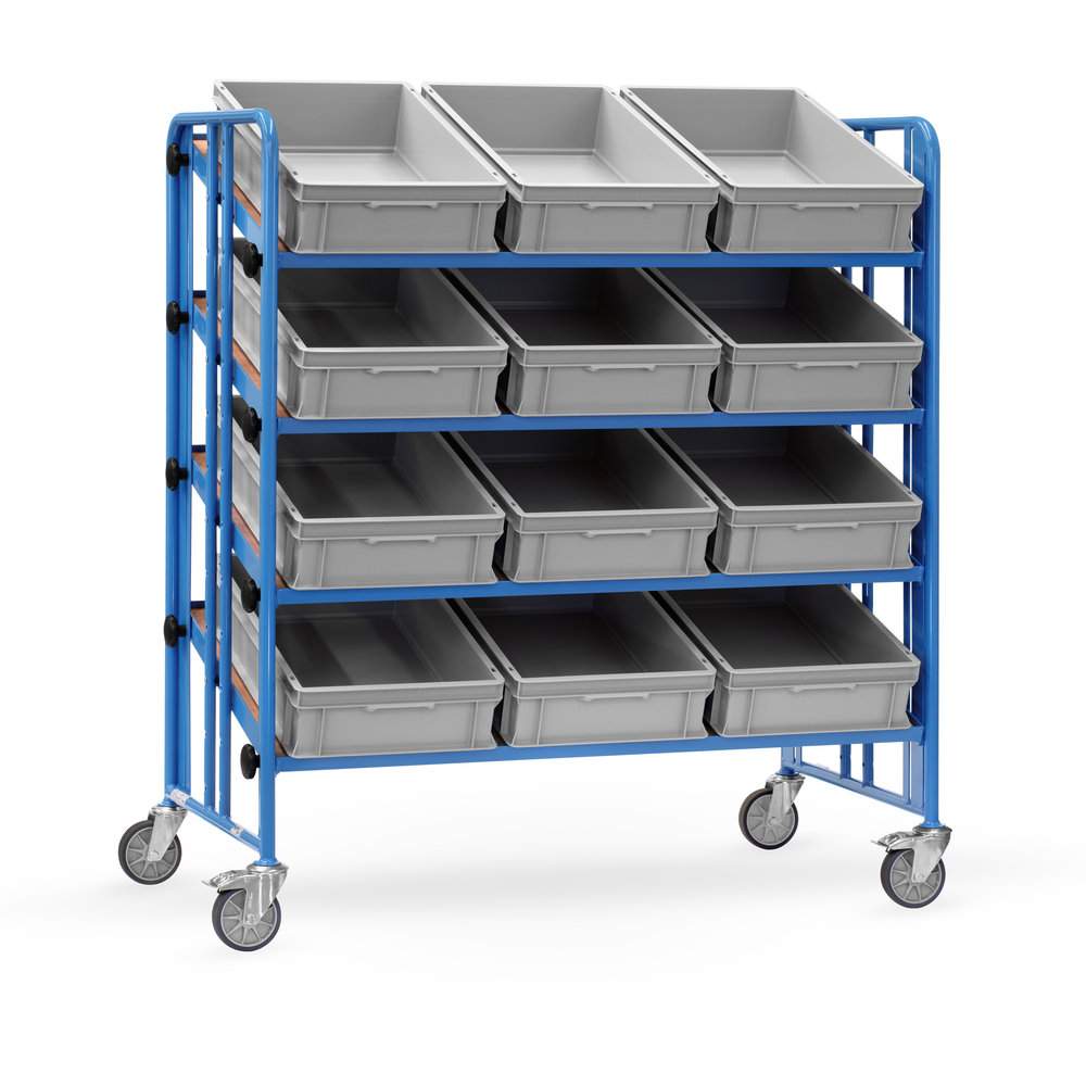 Etagenwagen 4 Böden 1280 x 658 mm, 300 kg inkl. 12 Sichtlagerkästen - Fetra 2896