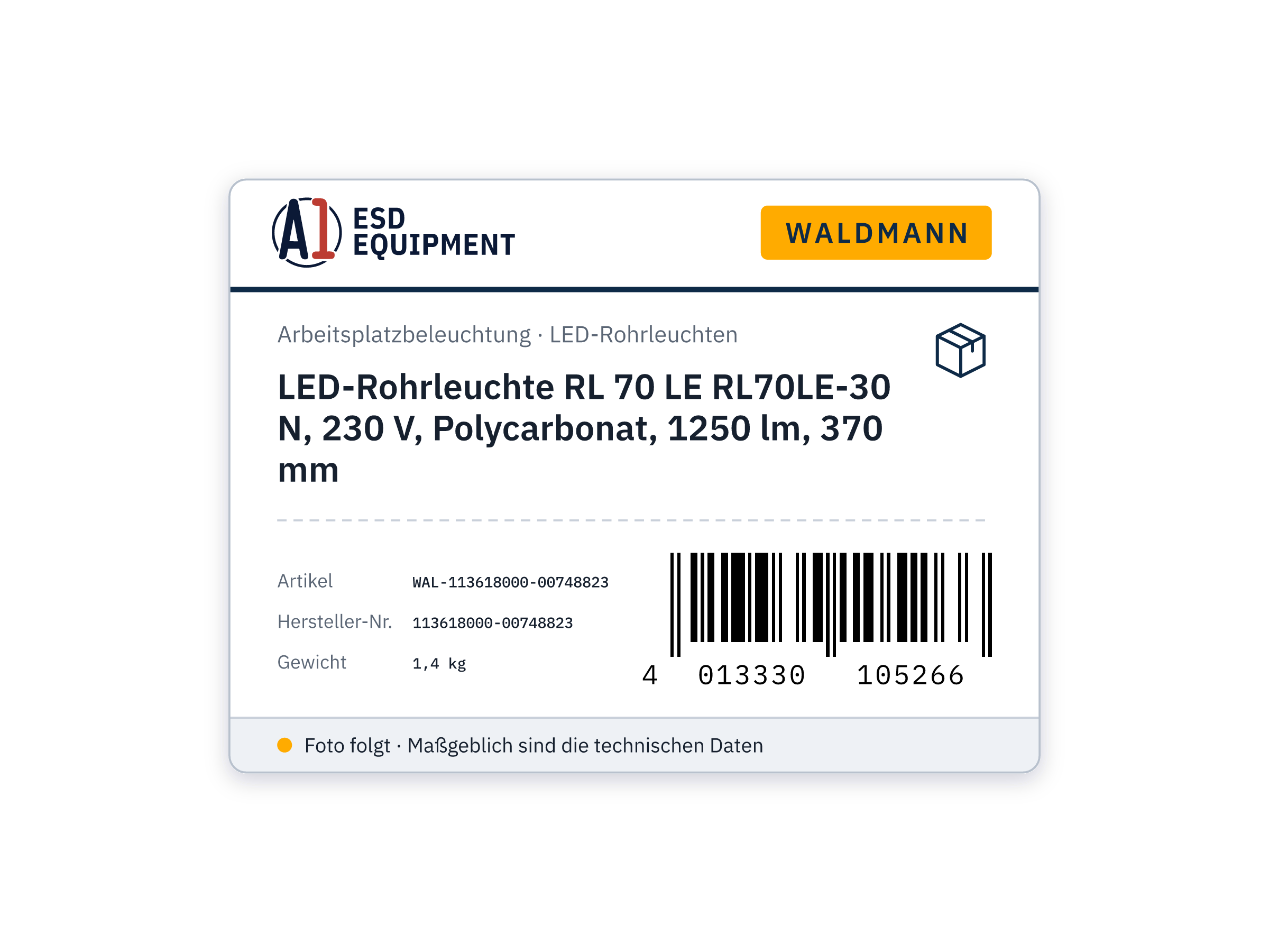 LED-Rohrleuchte RL 70 LE RL70LE-30 N, 230 V, Polycarbonat, 1250 lm, 370 mm - Waldmann 113618000-00748823