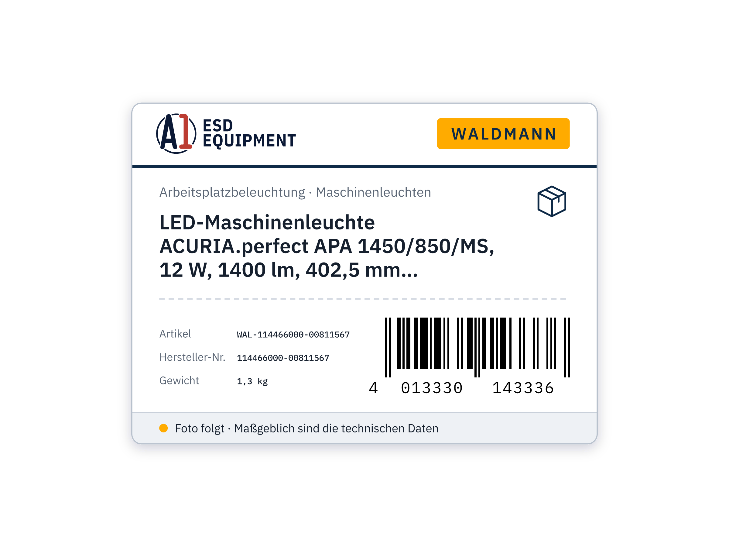LED-Maschinenleuchte ACURIA.perfect APA 1450/850/MS, 12 W, 1400 lm, 402,5 mm, Schraubbefestigung - Waldmann 114466000-00811567