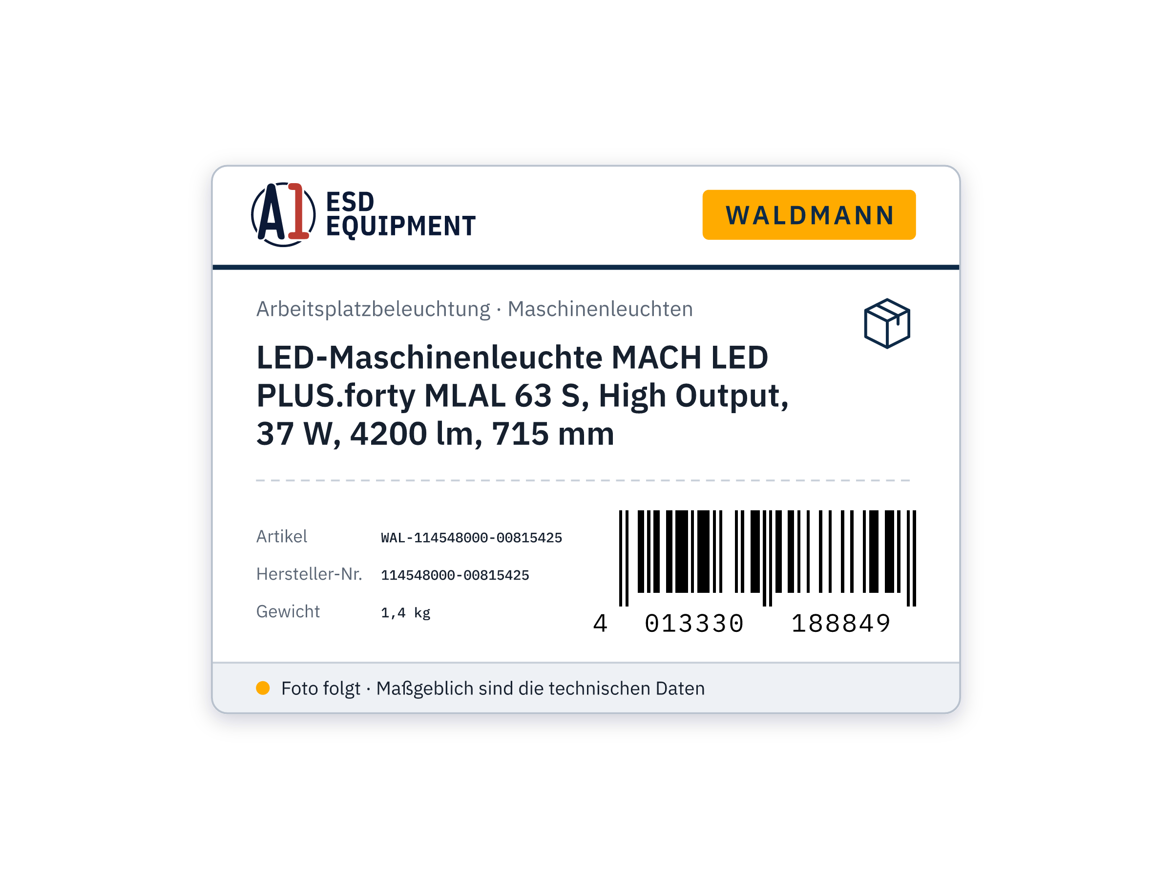LED-Maschinenleuchte MACH LED PLUS.forty MLAL 63 S, High Output, 37 W, 4200 lm, 715 mm - Waldmann 114548000-00815425