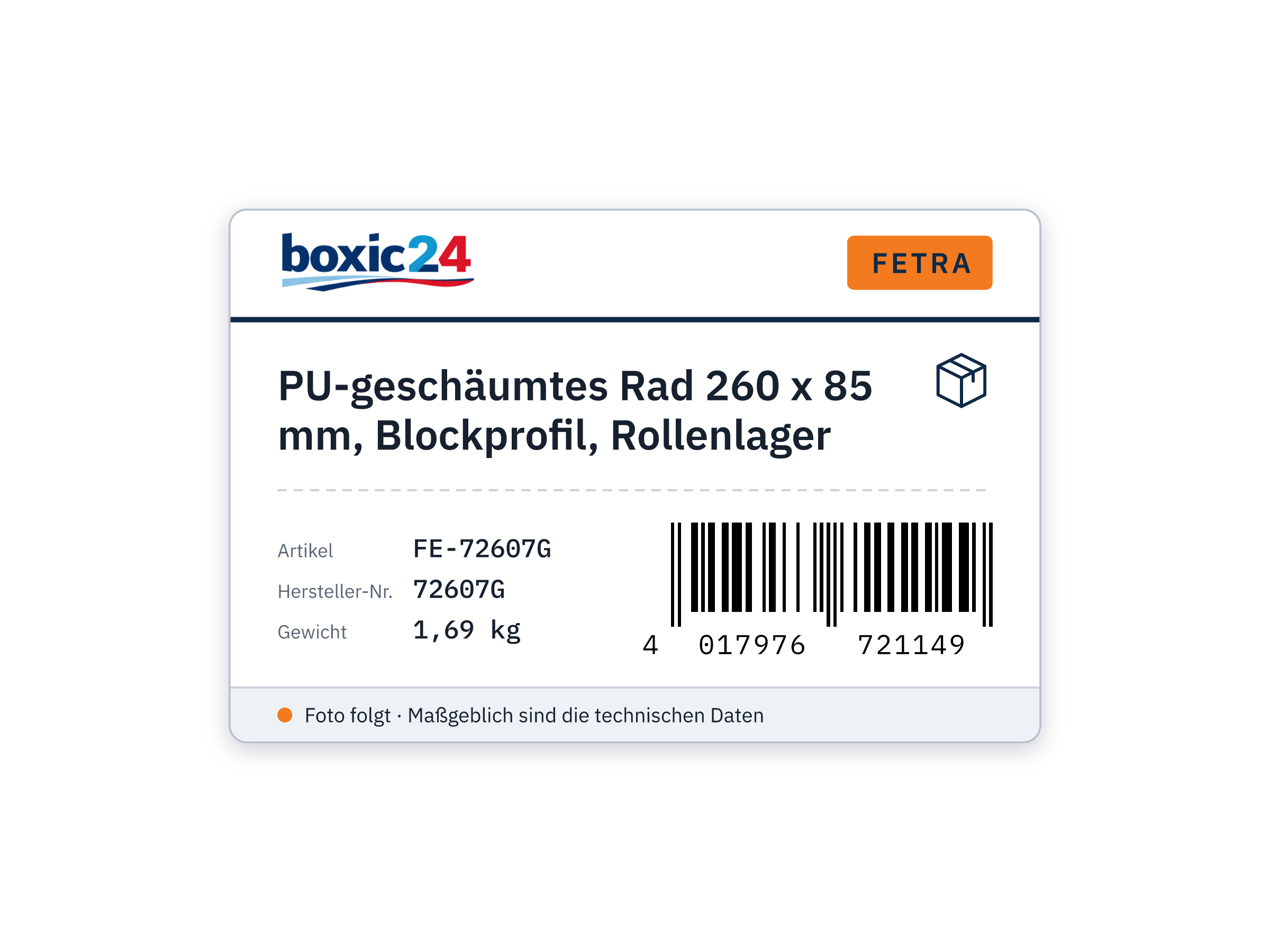 PU foam wheel 260 x 85 mm, block profile, roller bearing - Fetra 72607G