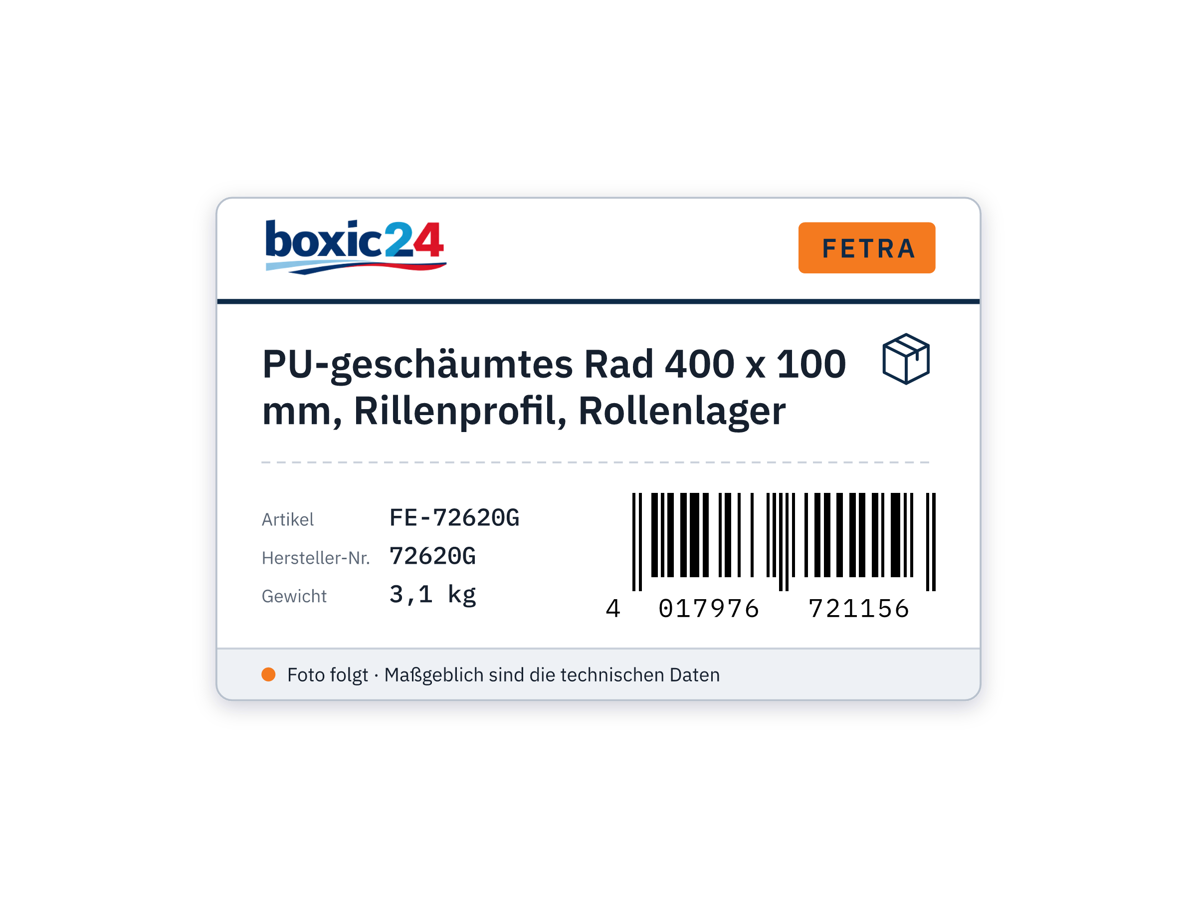 PU-geschäumtes Rad 400 x 100 mm, Rillenprofil, Rollenlager - Fetra 72620G