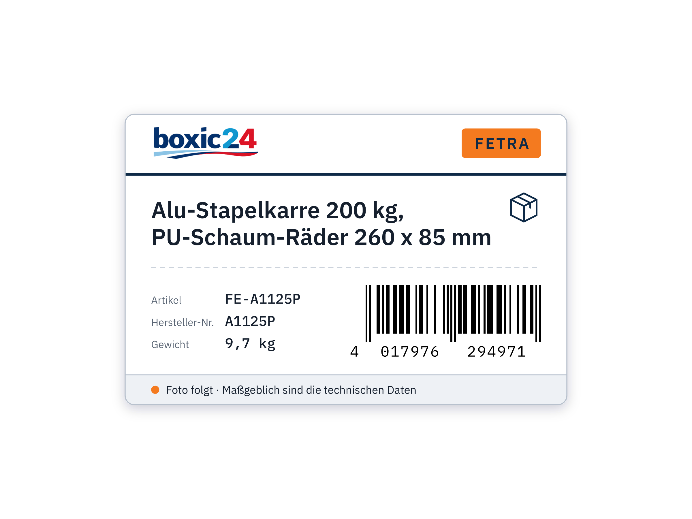 Alu-Stapelkarre 200 kg, PU-Schaum-Räder 260 x 85 mm - Fetra A1125P