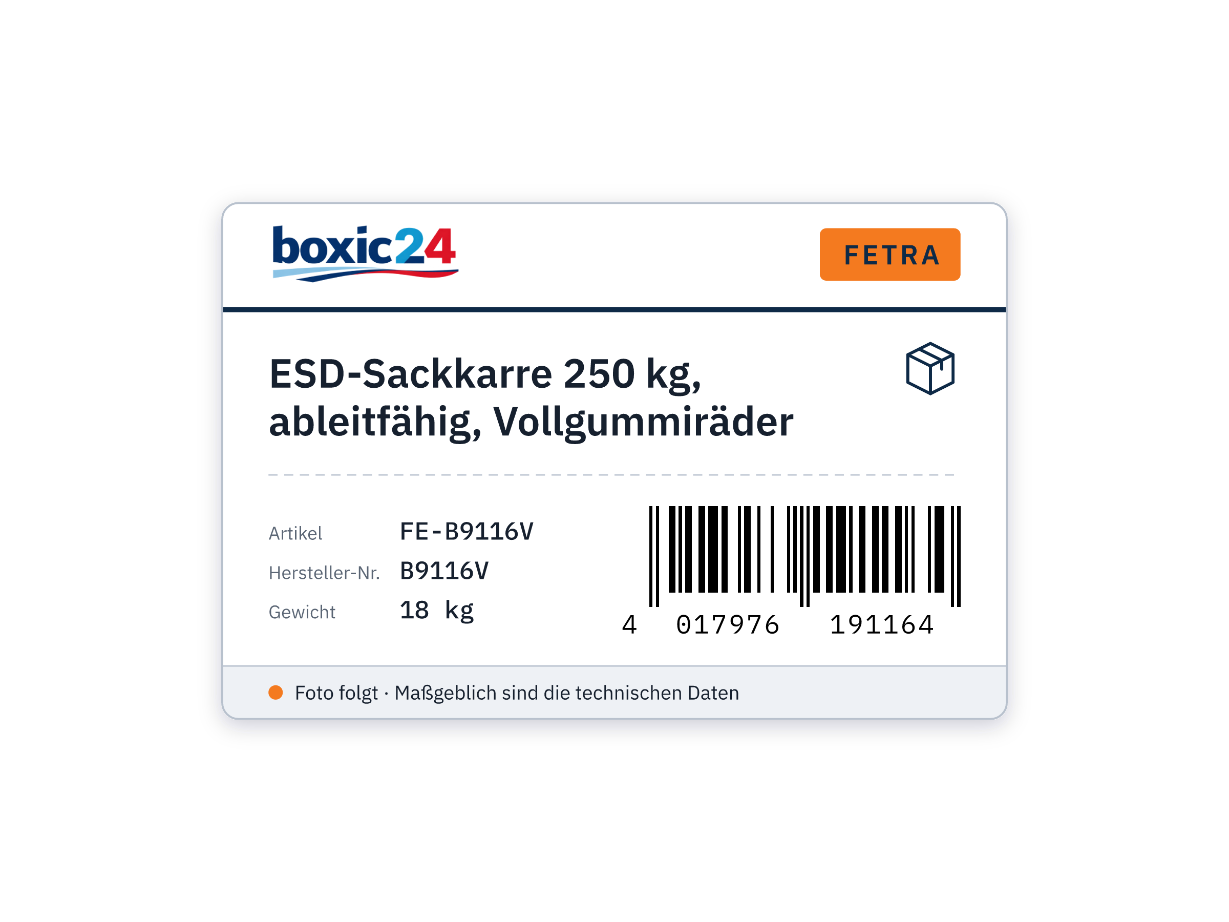 ESD-Sackkarre 250 kg, ableitfähig, Vollgummiräder - Fetra B9116V