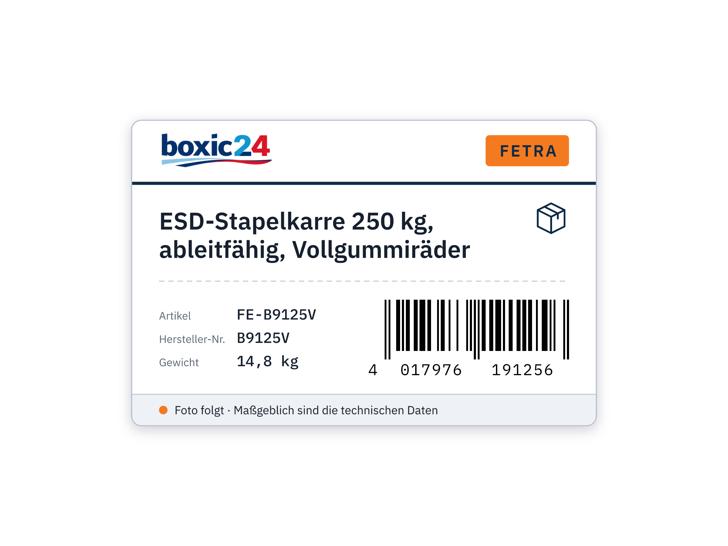 ESD-Stapelkarre 250 kg, ableitfähig, Vollgummiräder - Fetra B9125V