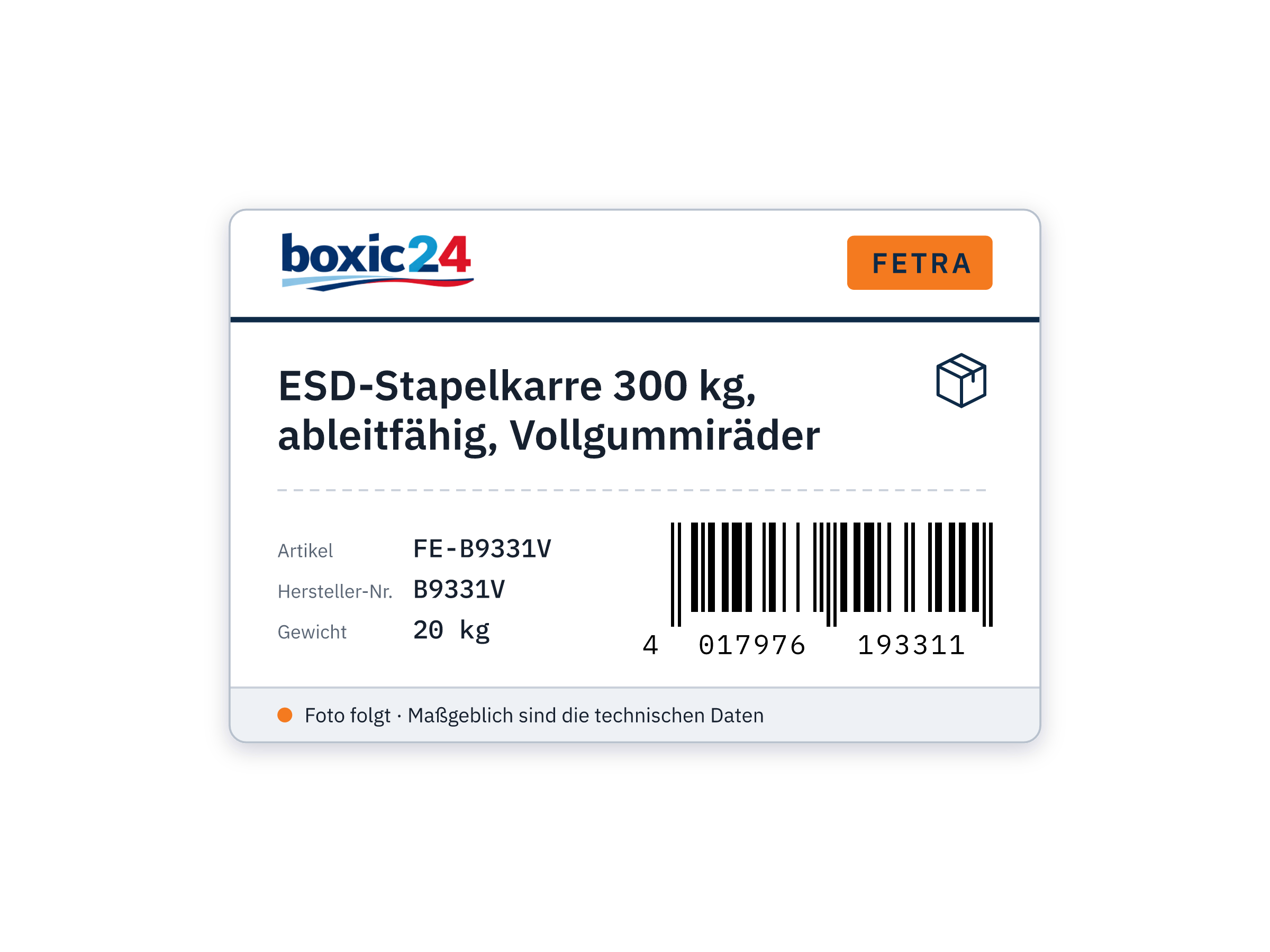 ESD-Stapelkarre 300 kg, ableitfähig, Vollgummiräder - Fetra B9331V