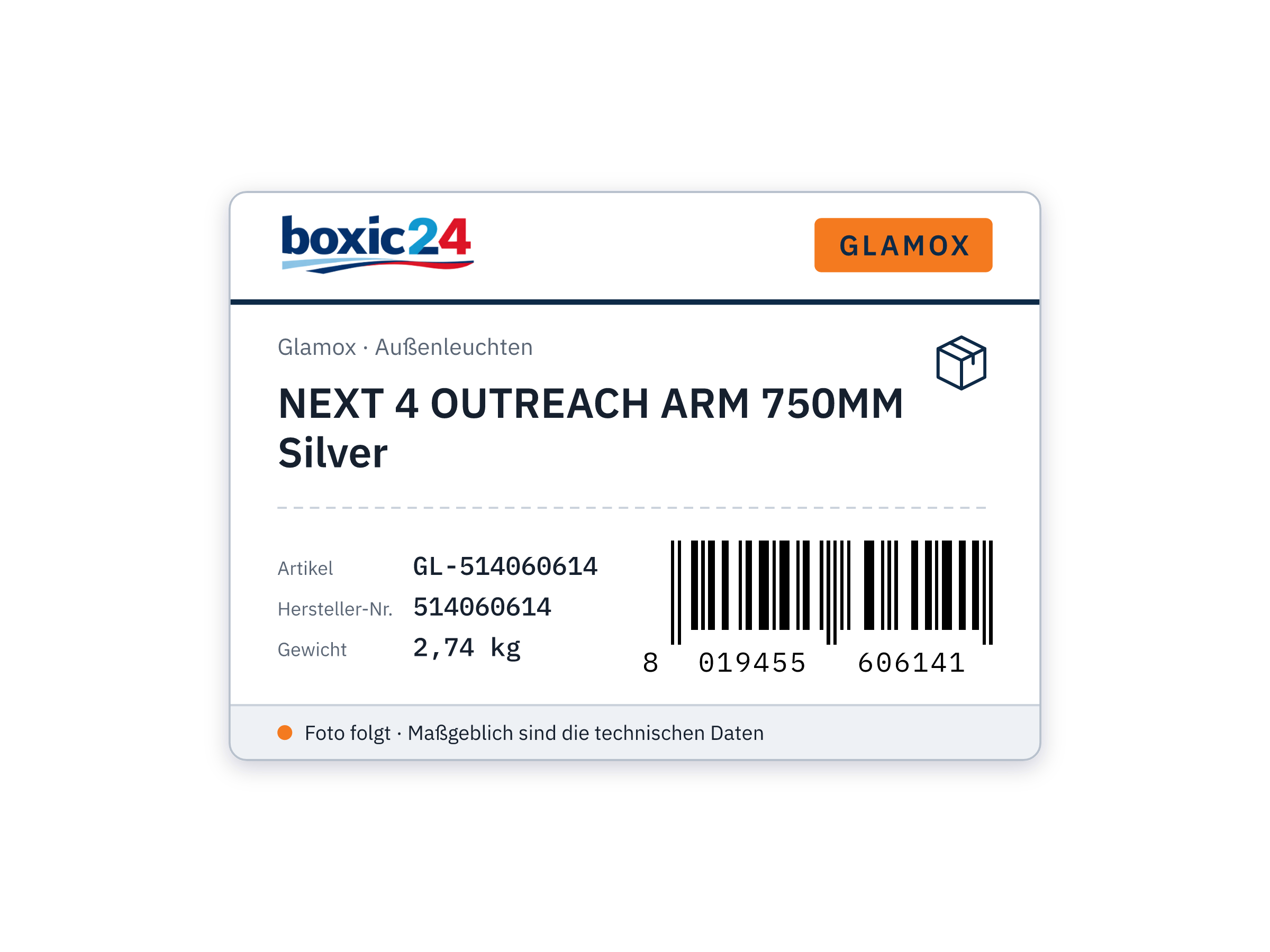 Glamox Next 4 OUTREACH ARM 750MM Silver