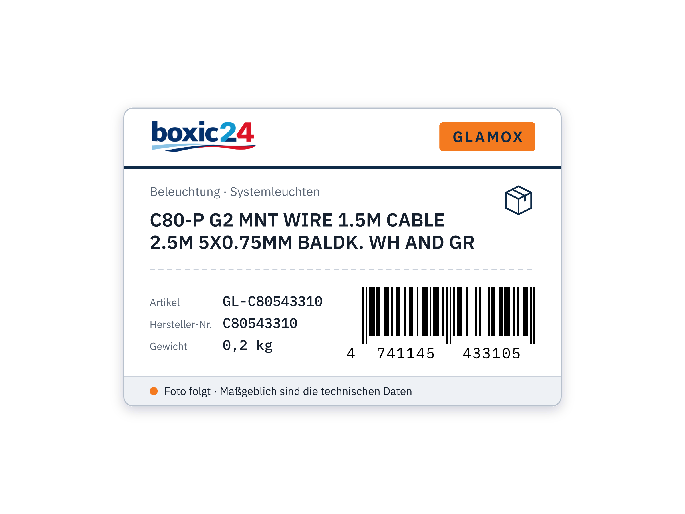 Glamox C80-P G2 MNT WIRE 1.5M CABLE 2.5M 5X0.75MM BALDK. WH AND GR