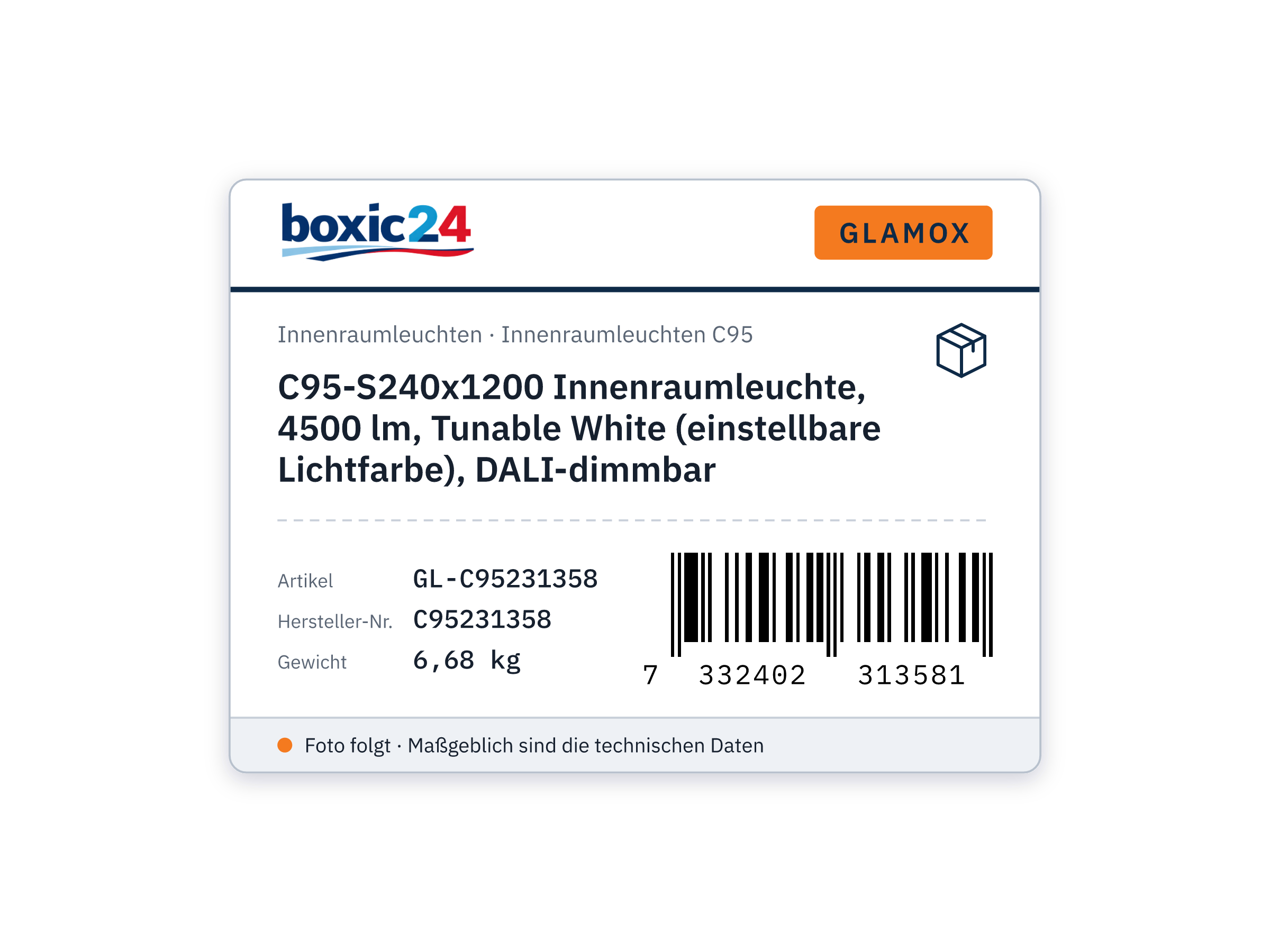 Glamox C95-S240x1200 Innenraumleuchte, 4500 lm, Tunable White (einstellbare Lichtfarbe), DALI-dimmbar