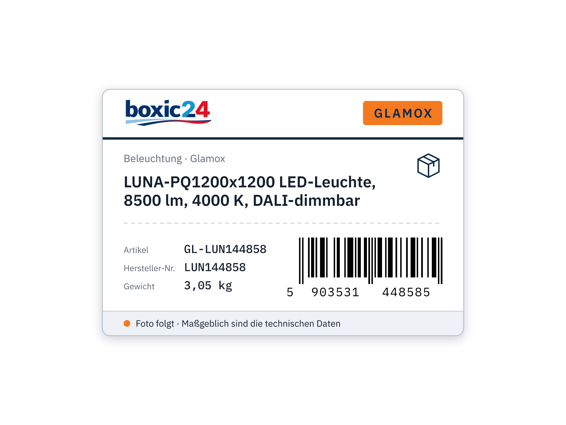 LUNA-PQ1200x1200 LED luminaire, 8500 lm, 4000 K, DALI dimmable - Glamox LUN144858