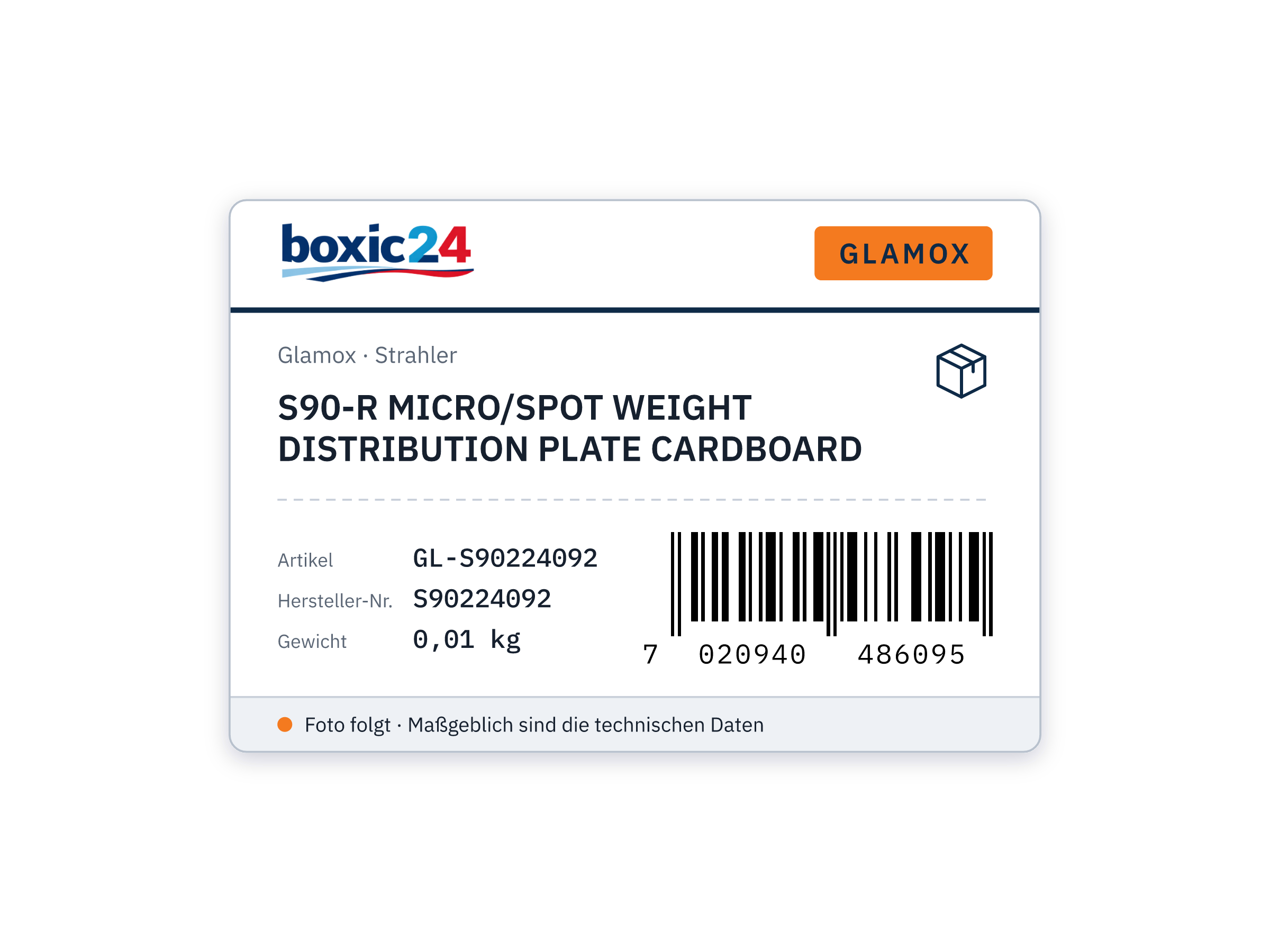 Glamox S90-R MICRO/SPOT WEIGHT DISTRIBUTION PLATE CARDBOARD