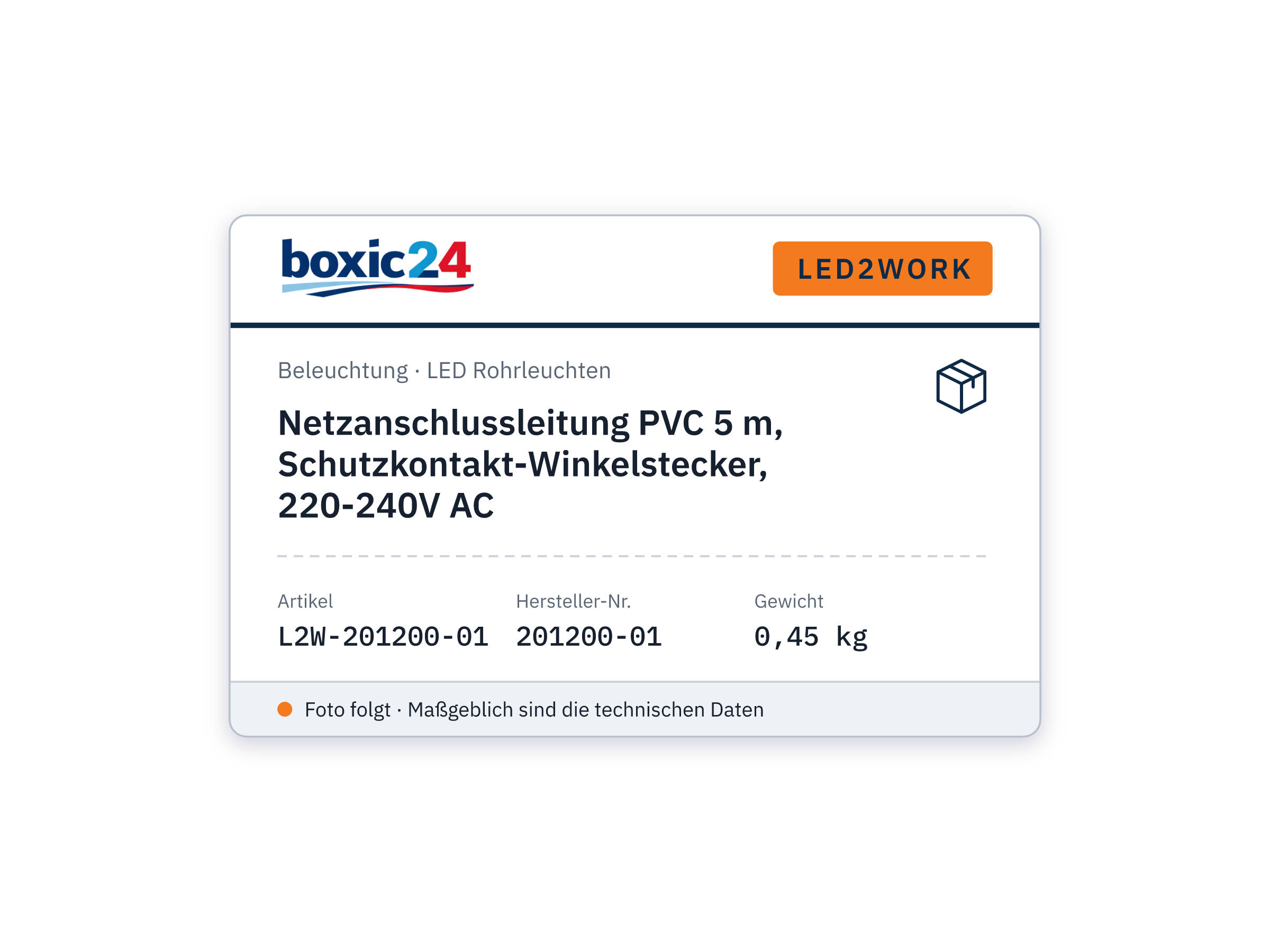 Netzanschlussleitung PVC 5 m, Schutzkontakt-Winkelstecker, 220-240V AC - LED2WORK 201200-01