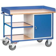 Fetra 2435. Workshop cart with surface made of beech plywood. 400 kg, platform size 1120x650 mm, with skirting, 1 cupboard and 3 shelves