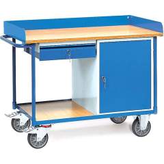 Fetra 2436. Workshop cart with surface made of beech plywood. 400 kg, platform size 1120x650 mm, with skirting, 1 cupboard and 1 drawer