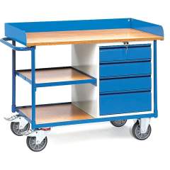 Fetra 2437. Workshop cart with surface made of beech plywood. 500 kg, platform size 1120x650 mm, with skirting, 4 drawers and 3 shelves