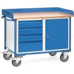 Fetra 2438. Workshop cart with surface made of beech plywood. 500 kg, platform size 1120x650 mm, with skirting, 1 cupboard and 4 drawers