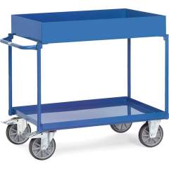 Fetra 4840. Table top carts with trays. 400 kg, with 2 steel sheet trays, up shelve with 150 mm rim, horizontal push bar