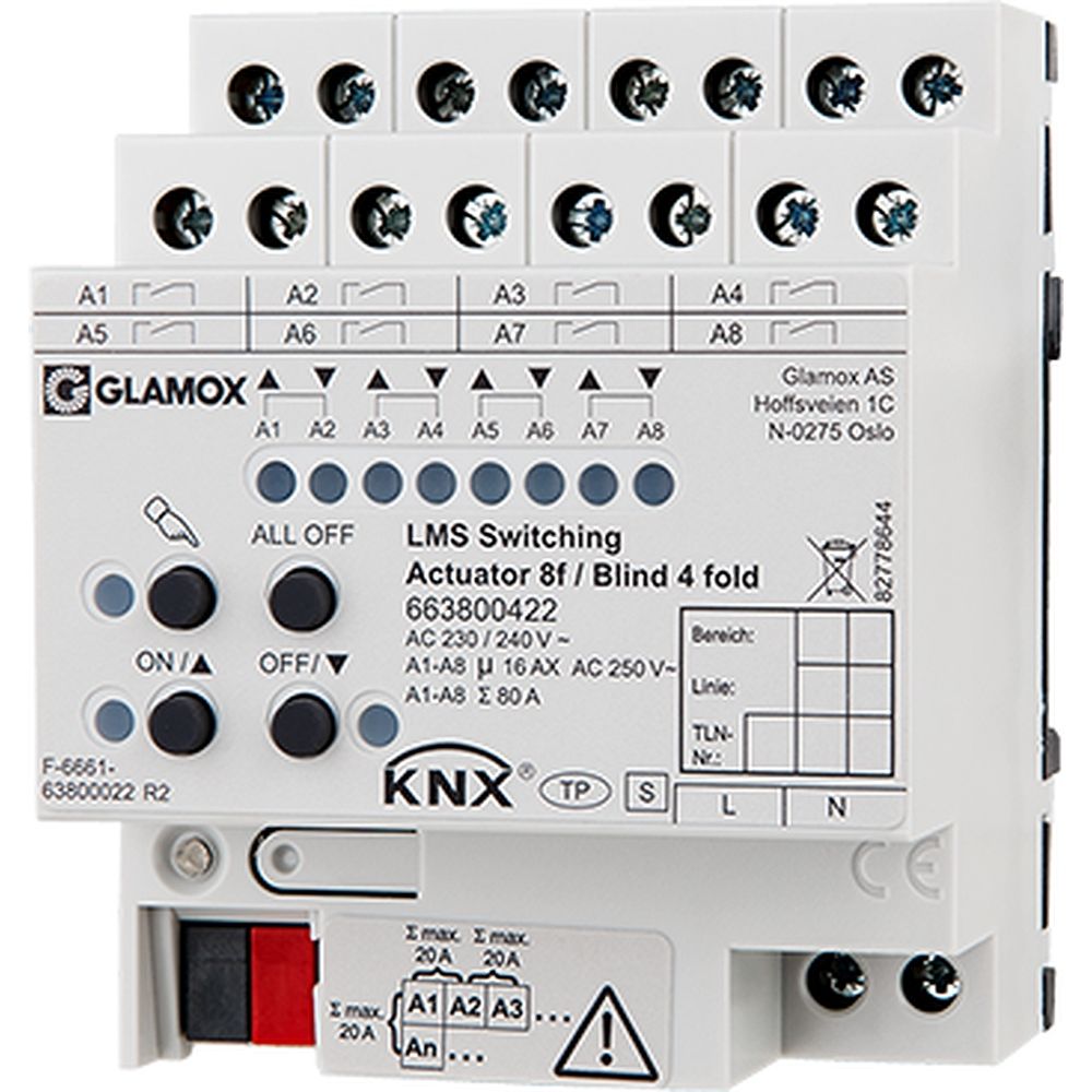 Glamox 663800422. Glamox KNX LMS KNX SWITCHING ACTUATOR 8F/BLIND 4 FOLD